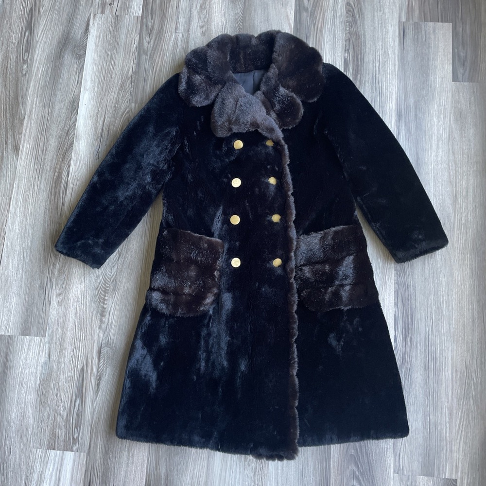 Vintage‎ Borgana Fairmoor Faux Fur Coat Black Brown Double Breasted Gold Buttons